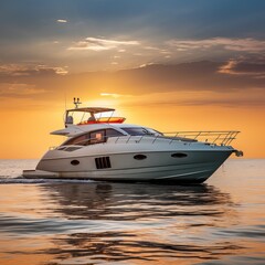 Luxury motor boat sailing on sea at dawn.