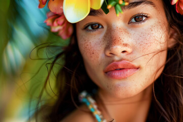 Portrait of a Hawaiian girl, radiant smile, warm and inviting, tropical elegance