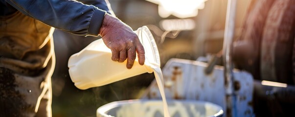Farmers pour raw milk into containers, and it is ready for the next process - obrazy, fototapety, plakaty