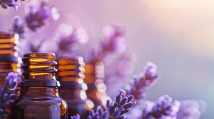 Small bottles with lavender oil, essence, copyspace. Generative AI