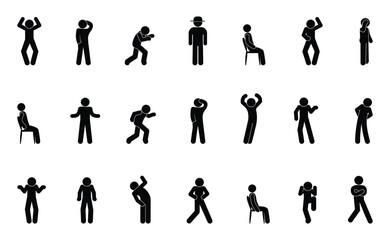stick figure man icon, human silhouettes, people vector illustration, isolated on white, basic poses and gestures