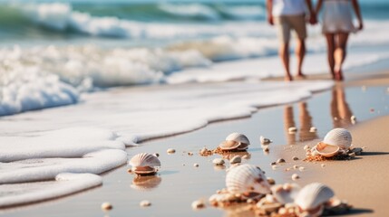Couple walking on the beach, with some shells on the seashore