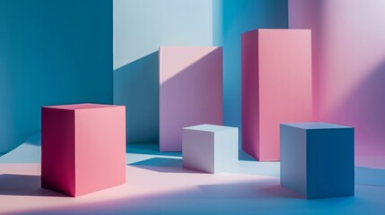 A minimalist, flat-color backdrop with oversized, shadow-cast geometric shapes.