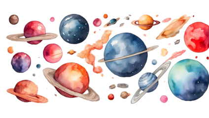 png watercolor planets, space , on transparent background, sublimation for t-shirt and postcard, your design