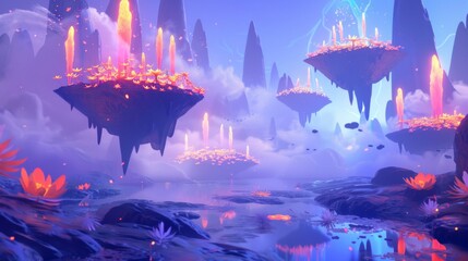 A surreal dreamscape with floating islands and ethereal, glowing flora.