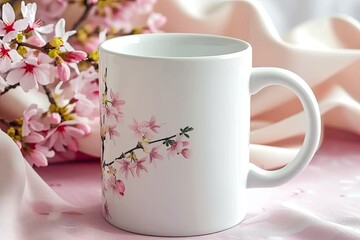 Free PSD ceramic mug with flowers. Blank template for your design  - obrazy, fototapety, plakaty