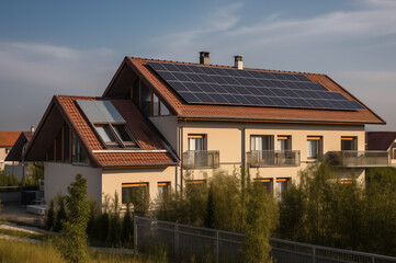 Solar panel on roof house. Home with solar panels on roof. Modern house exterior. Tanunhouses and residential buildings, houses with solar panels on roof. Solar photovoltaic construction for homes.