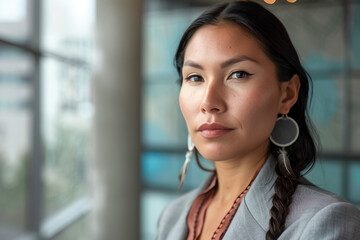 Business success, Native American woman in a corporate environment, modern finance leader.