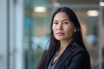 Corporate office portrait, Native American businesswoman, success in the professional world.