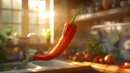 Papier Peint photo Lavable Piments forts A vibrant red chili pepper suspended mid-air, its glossy skin reflecting the warm glow of sunlight streaming through a kitchen window.