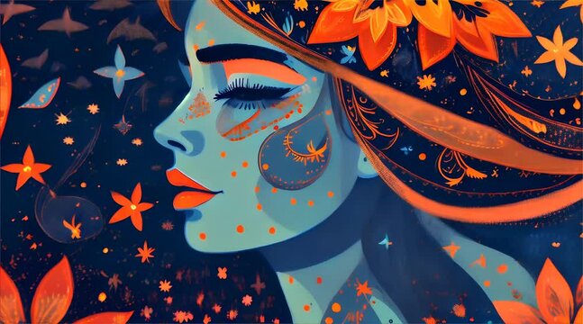 Mystical Night An Artistic Illustration of a Woman Amidst Moon, Stars, and Blooming Flowers