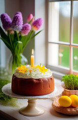 Easter kulich, decorated with flowers and lit candle, on sunny spring day, by window. Dyed eggs, hyacinths and first greens. Warm spring day. Russian style