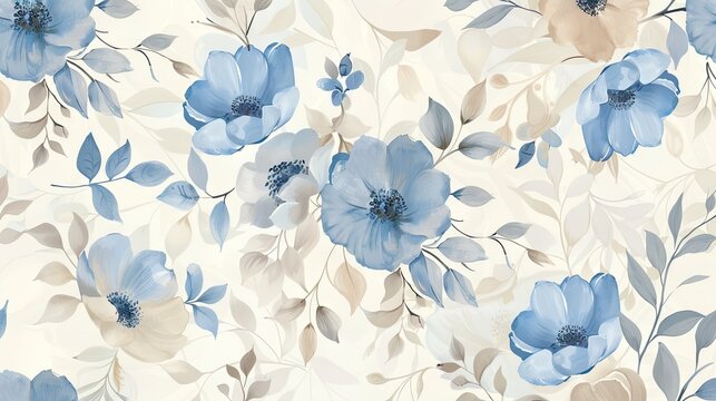 2D pattern design, Delicate botanical illustrations, modern yet traditional floral motif, in a soothing palette of cool blues and warm beige, spaced evenly for a breezy, elegant feel,  