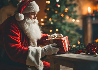 Santa Claus puts up a christmas present 