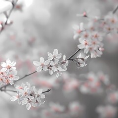  A blooming sakura in the foreground, a blurred monochrome background in the distance