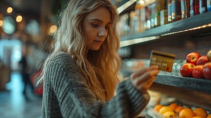 Young woman engages in grocery shopping, holding a credit card thoughtfully, ready for a smart shopping experience amid fresh produce