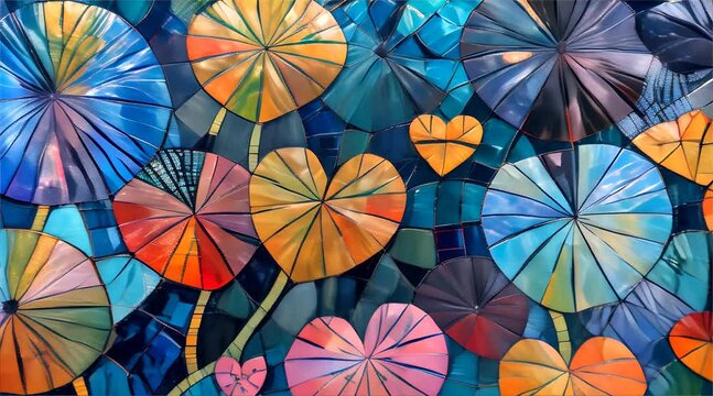 A vibrant and artistic mosaic depicting colorful hearts and umbrellas, symbolizing love and protection.
