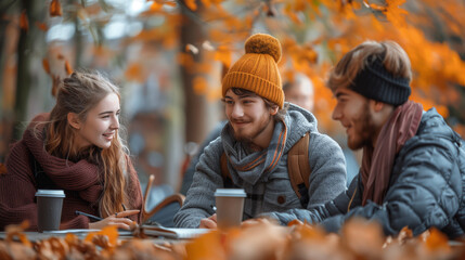 Vibrant study group, immersed in discussions, surrounded by autumn leaves.