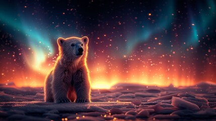 A carnivore polar bear rests in front of the stunning aurora borealis - obrazy, fototapety, plakaty