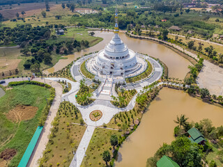 Aerial view, The church is white and is a beautiful place of worship. Wat Saengtham Khao Khiao, Wang Nam Khiao, Nakhon Ratchasima Province.