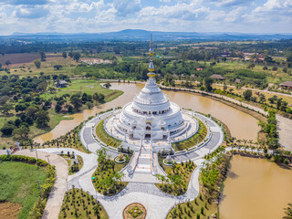 Aerial view, The church is white and is a beautiful place of worship. Wat Saengtham Khao Khiao, Wang Nam Khiao, Nakhon Ratchasima Province.