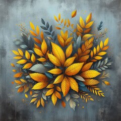 collection of vibrant, golden-yellow leaves at the top, with a textured blue-grey background beneath. The leaves are in various shades of yellow, orange, and brown