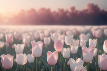 Beautiful tulip flowers background. Amazing view of pale pink tulip flowers