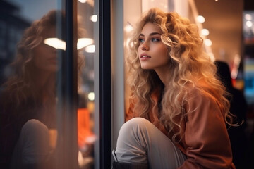 A beautiful long-haired curly blonde looks dreamily out of the shop window