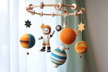 Baby crib mobile handmade in the form of space astronaut