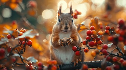 Furry squirrel perched on a tree branch munching on berries - obrazy, fototapety, plakaty