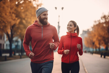 Time for sports, couple stretching outdoors before morning run. Handsome bearded man and attractive sporty woman running on the street