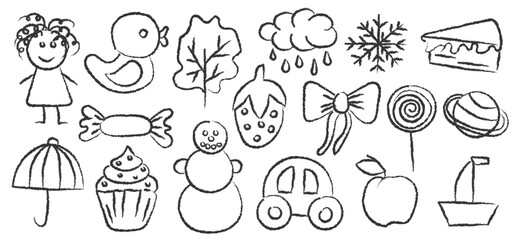 Set of blackt chalk childish drawings. Realistic chalk drawn elements. Kid elements with texture	
