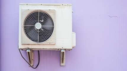 Fototapeta premium Futuristic design, powerful performance: Experience the best of both worlds with this air heat pump. Air heat pump for cooling or heating a house on the wall of a building.