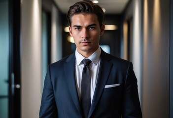 confident individual in professional attire, standing in a modern office corridor, their face obscured