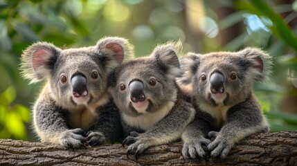 Three koalas perched on a tree branch in their natural habitat