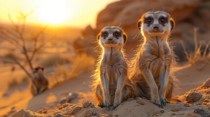 Two meerkats perched on sand dune in desert landscape - obrazy, fototapety, plakaty