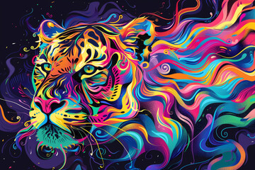 Abstract a tiger on a colorful background with orange, pink, and blue hues.