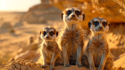 three meerkats are sitting on top of a rock in the desert - obrazy, fototapety, plakaty