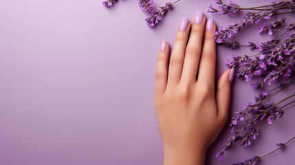 Obraz na płótnie Canvas Female hand with lavender manicure. Generative AI