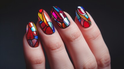 Female hand with colorful manicure. Generative AI