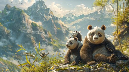 a family of panda bears sitting on top of a mountain