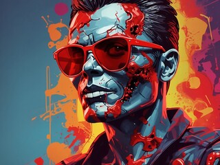 "Pop Art Undead: A Vibrant AI Creation of a Stylish Zombie in Red Cylinder and Sunglasses, Blending Bold Colors and Evil Grin"