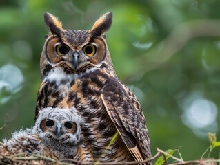 Fototapeta premium An owl with its fluffy chick nestled in green grass.