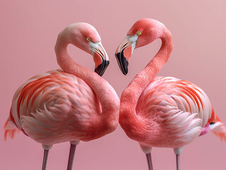 The profile of two pink flamingos, facing each other, looking at each other. pink background