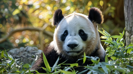 A closeup of gentle giant panda peeks through bamboo leaves, a picture of tranquillity.
