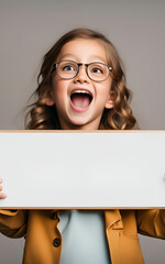 Excited girl with glasses holding a blank sign