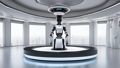 robot on a dais in a room overlooking a cityscape