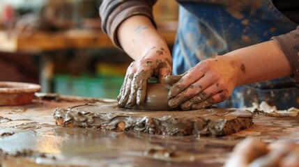 Artisan hands molding a clay pot on a spinning pottery wheel, capturing the creation process. - obrazy, fototapety, plakaty