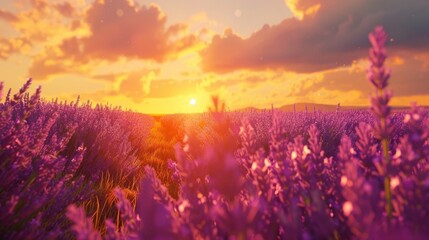 Stunning sunset view over vibrant lavender fields, evoking a sense of calm and beauty. - obrazy, fototapety, plakaty