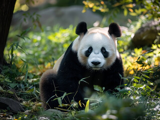 Obraz premium A panda lounges among bamboo, gazing peacefully at the camera.